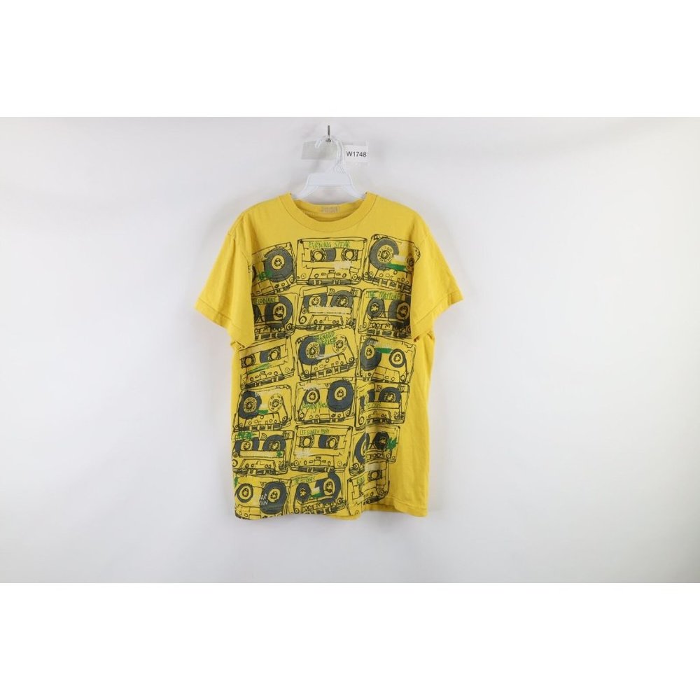 Vintage Altamont Mens Medium Distressed Cassette Tape Spell Out T-Shirt Yellow